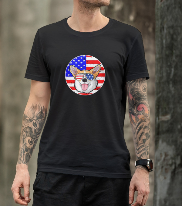 Corgi Dog Wearing American Flag Sunglasses Patriotic 4th Of July T-Shirt