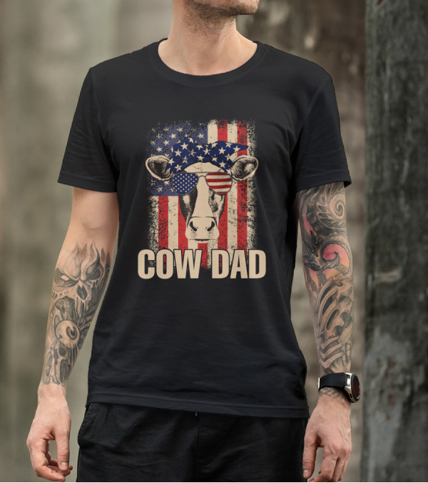 Cow Dad American Flag Patriotic 4th Of July USA Glasses Bandana T-Shirt