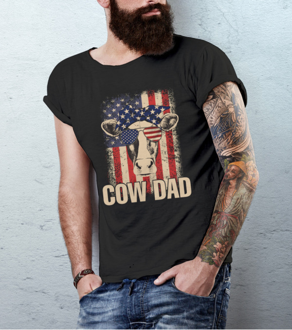 Cow Dad American Flag Patriotic 4th Of July USA Glasses Bandana T-Shirt