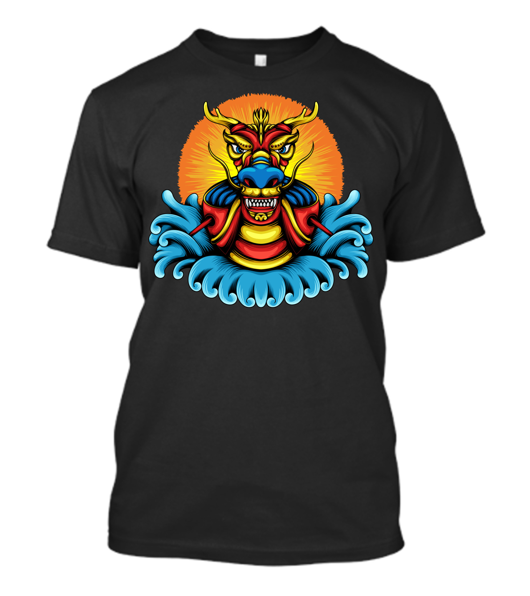 Dragon Boat Vibrant Mythical Head With Waves And Sunburst Background T-Shirt