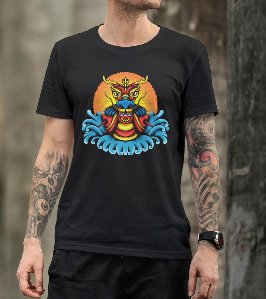 Dragon Boat Vibrant Mythical Head With Waves And Sunburst Background T-Shirt