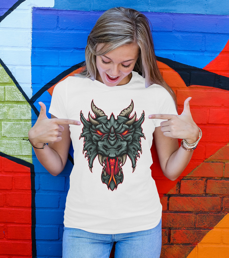 Dragon Head With Fiery Eyes And Horns T-Shirt