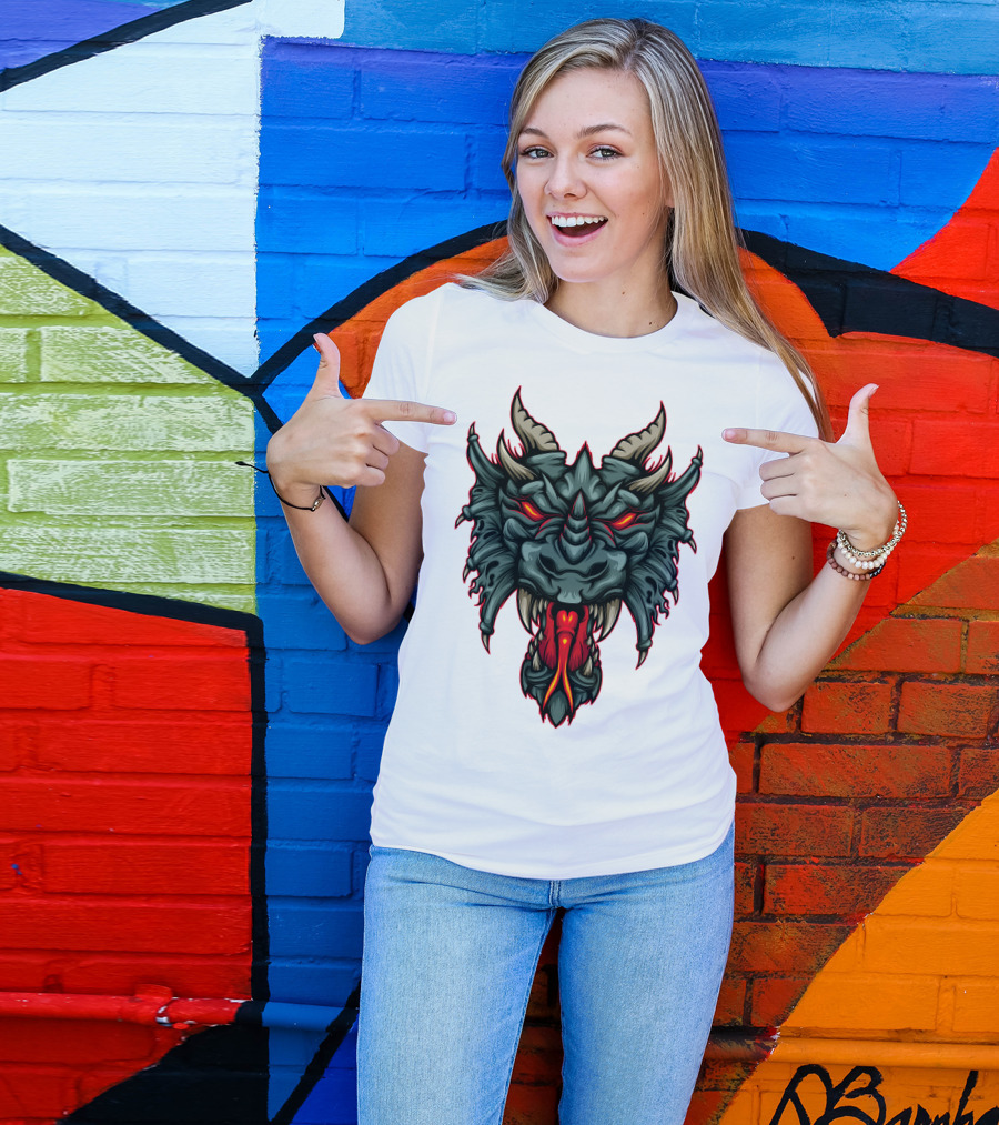 Dragon Head With Fiery Eyes And Horns T-Shirt
