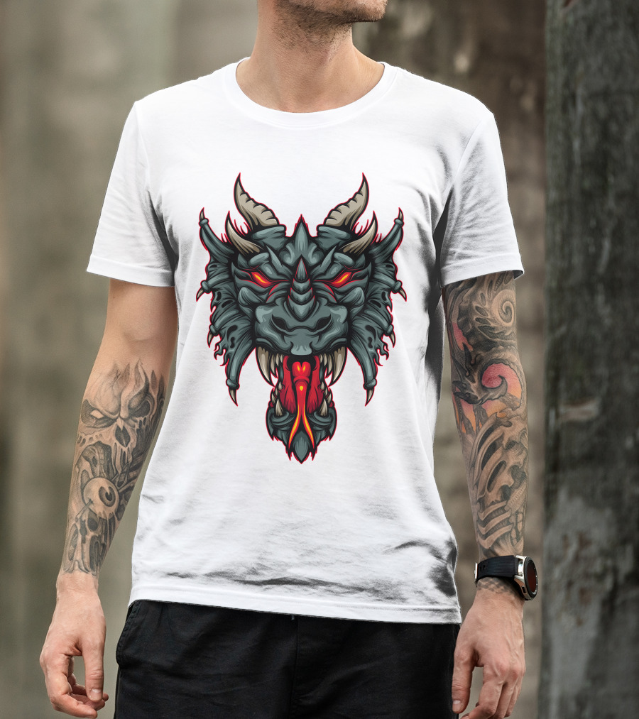 Dragon Head With Fiery Eyes And Horns T-Shirt