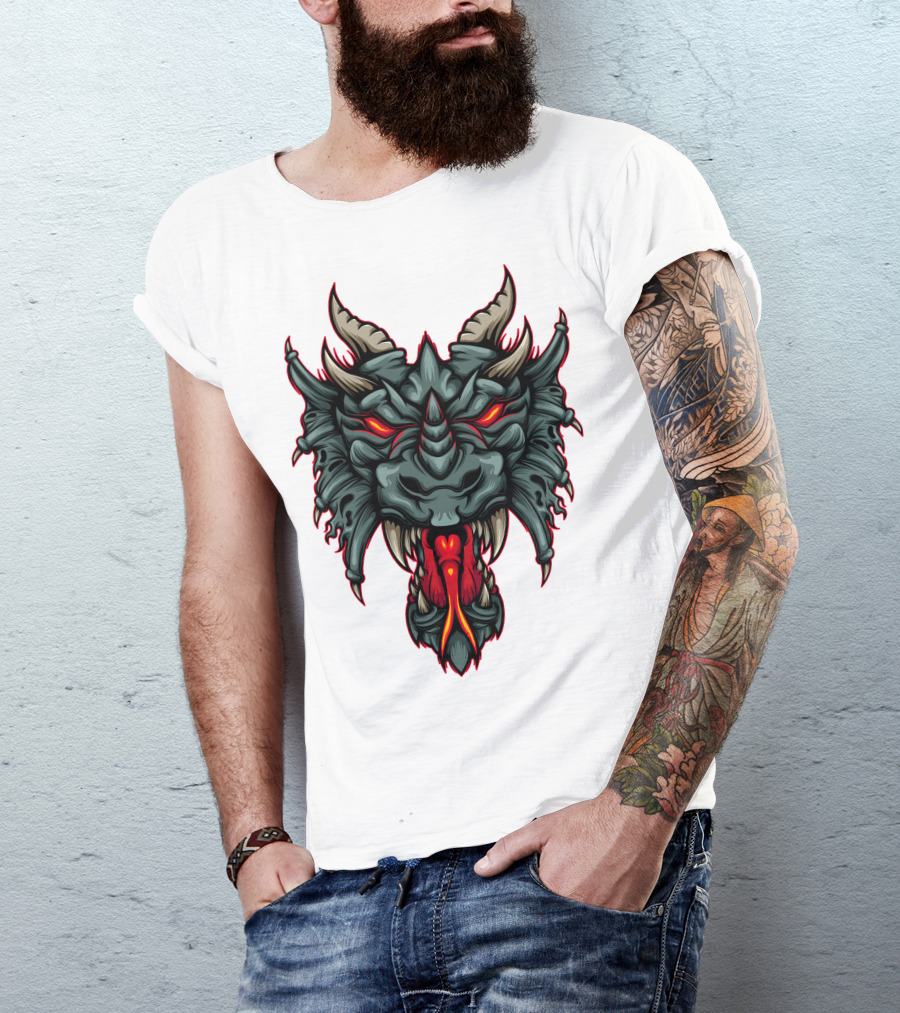 Dragon Head With Fiery Eyes And Horns T-Shirt
