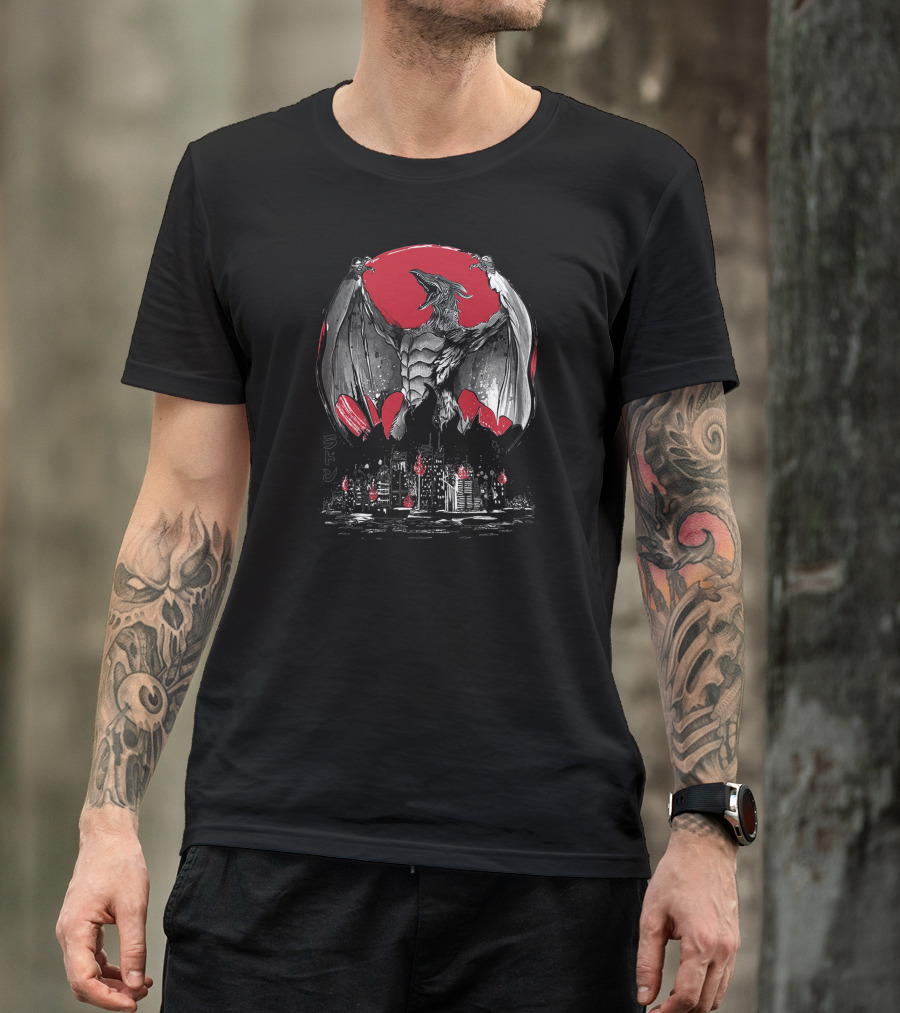 Fire Pteranodon Attack Sumi Red Sky Monster Skyline T-Shirt