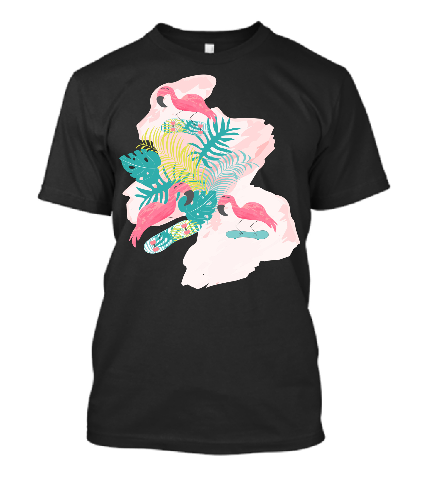 Flamingos Skateboarding Tropical Leaf Vibes T-Shirt