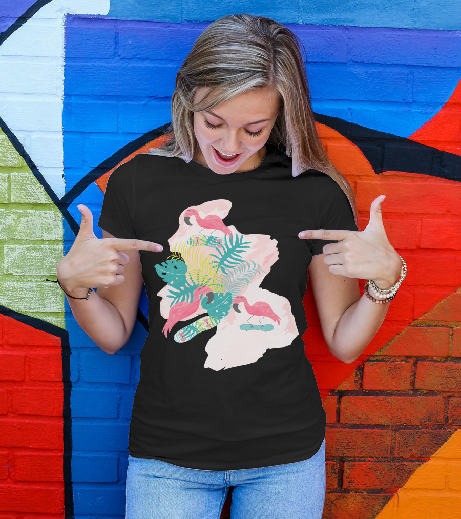 Flamingos Skateboarding Tropical Leaf Vibes T-Shirt