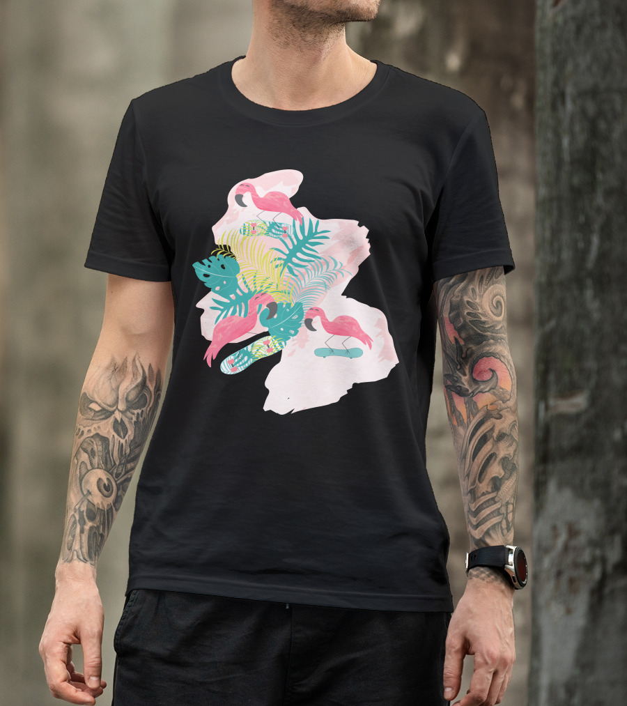 Flamingos Skateboarding Tropical Leaf Vibes T-Shirt