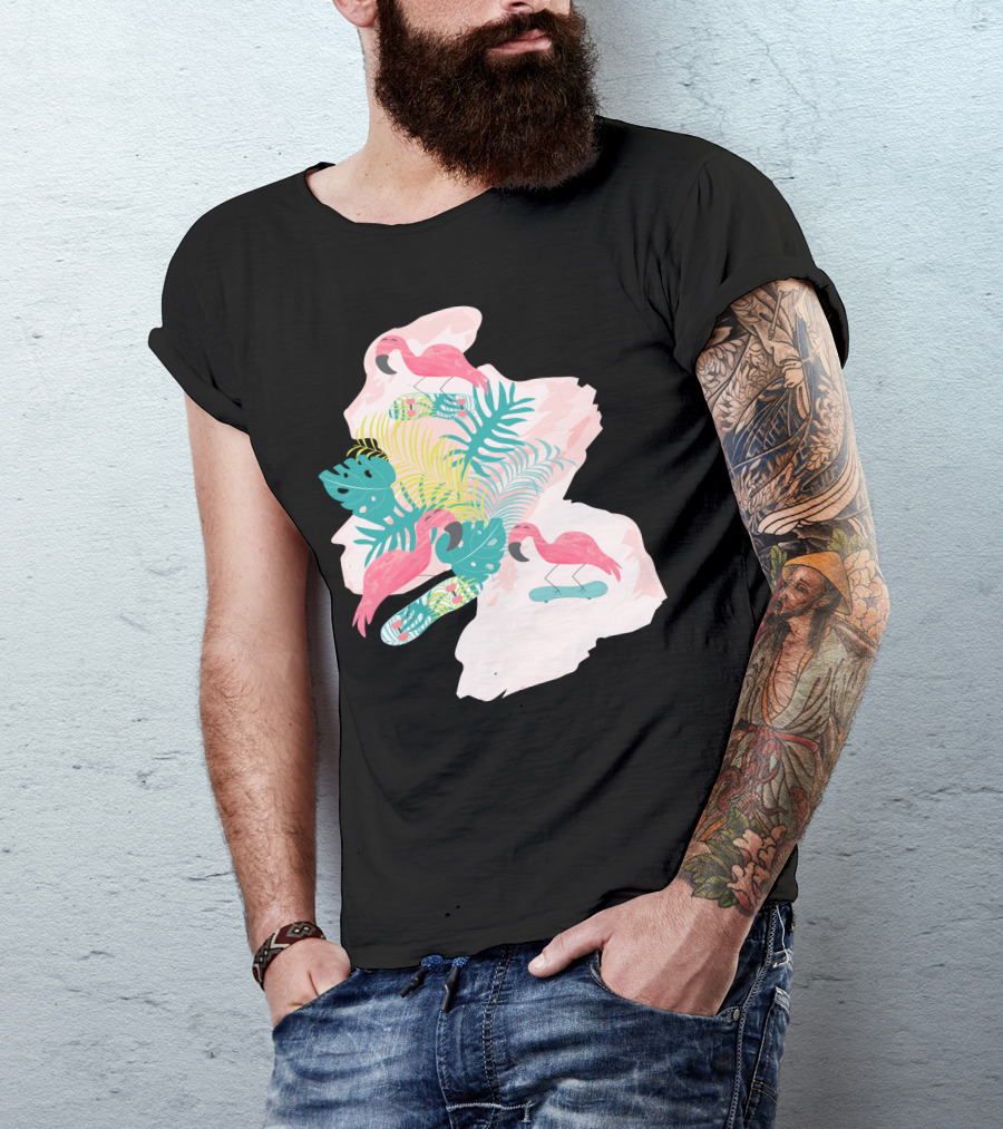 Flamingos Skateboarding Tropical Leaf Vibes T-Shirt