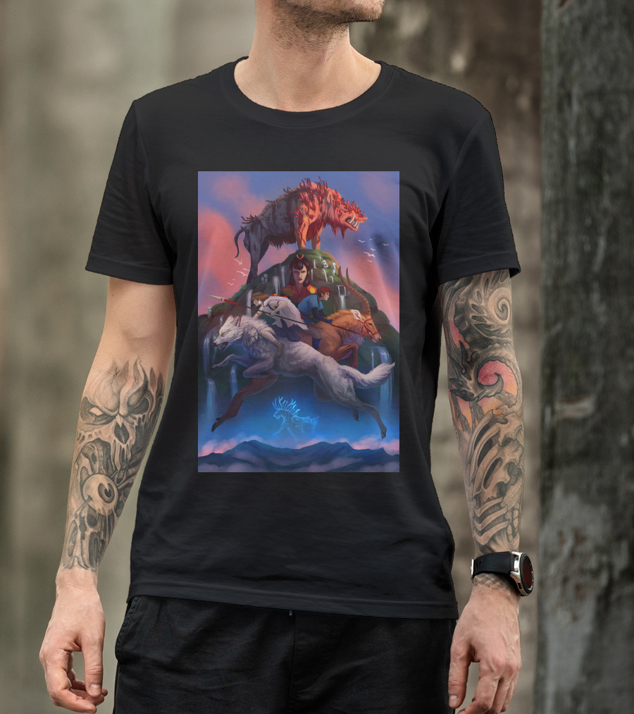 Forest Battle Versus Iron Village Princess Riding Creatures With Fierce Red Beast And Spirit Stag T-Shirt