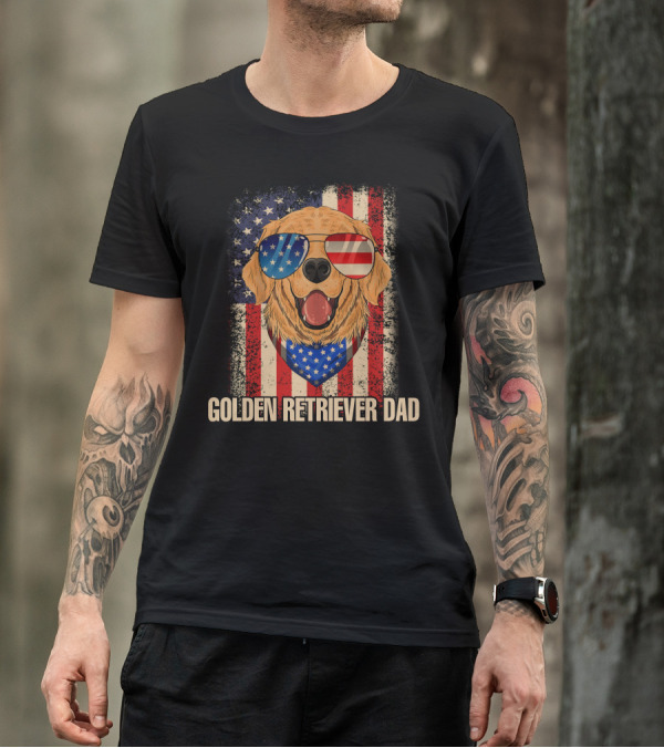 GOLDEN RETRIEVER DAD AMERICAN FLAG PATRIOTIC 4TH OF JULY T-Shirt