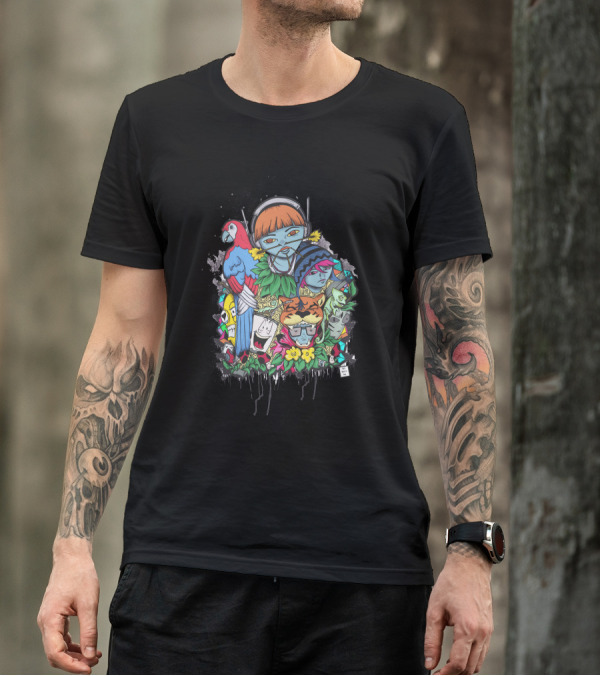 Graffiti Street Art Culture Colorful Design Headphones Parrot Tiger Masks T-Shirt