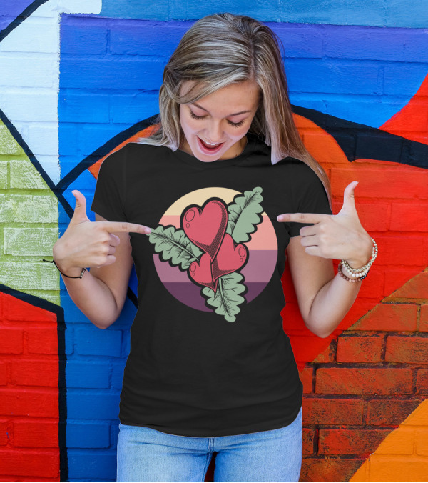 Hearts Flower With Leaf Accents On Colorful Circle Background T-Shirt