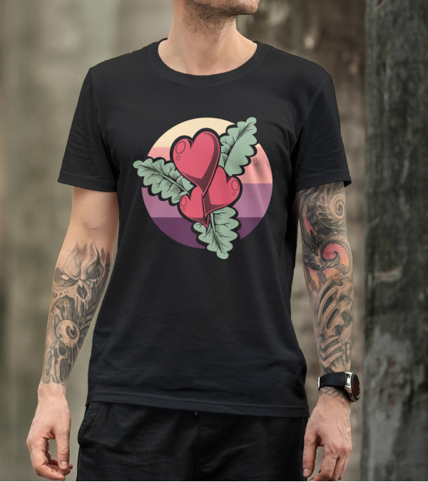 Hearts Flower With Leaf Accents On Colorful Circle Background T-Shirt