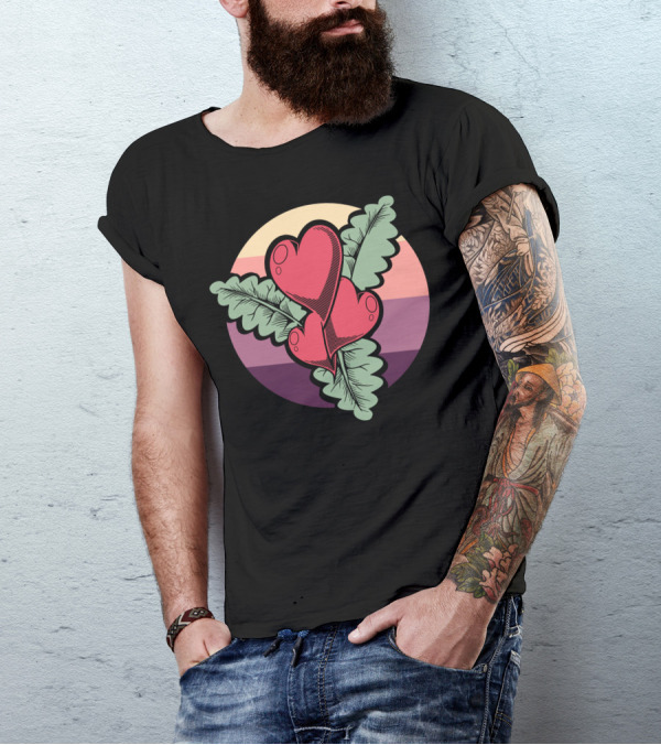 Hearts Flower With Leaf Accents On Colorful Circle Background T-Shirt