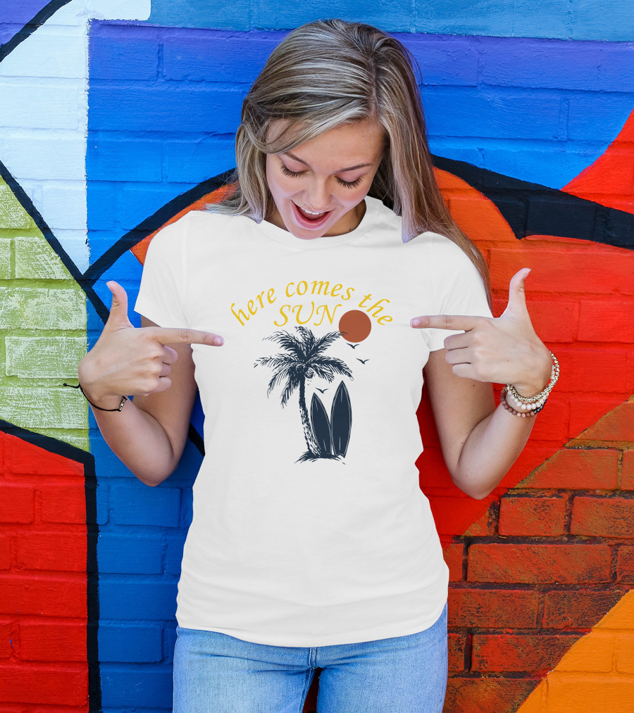 Here Comes The Sun Palm Tree Surfboard Sunset T-Shirt
