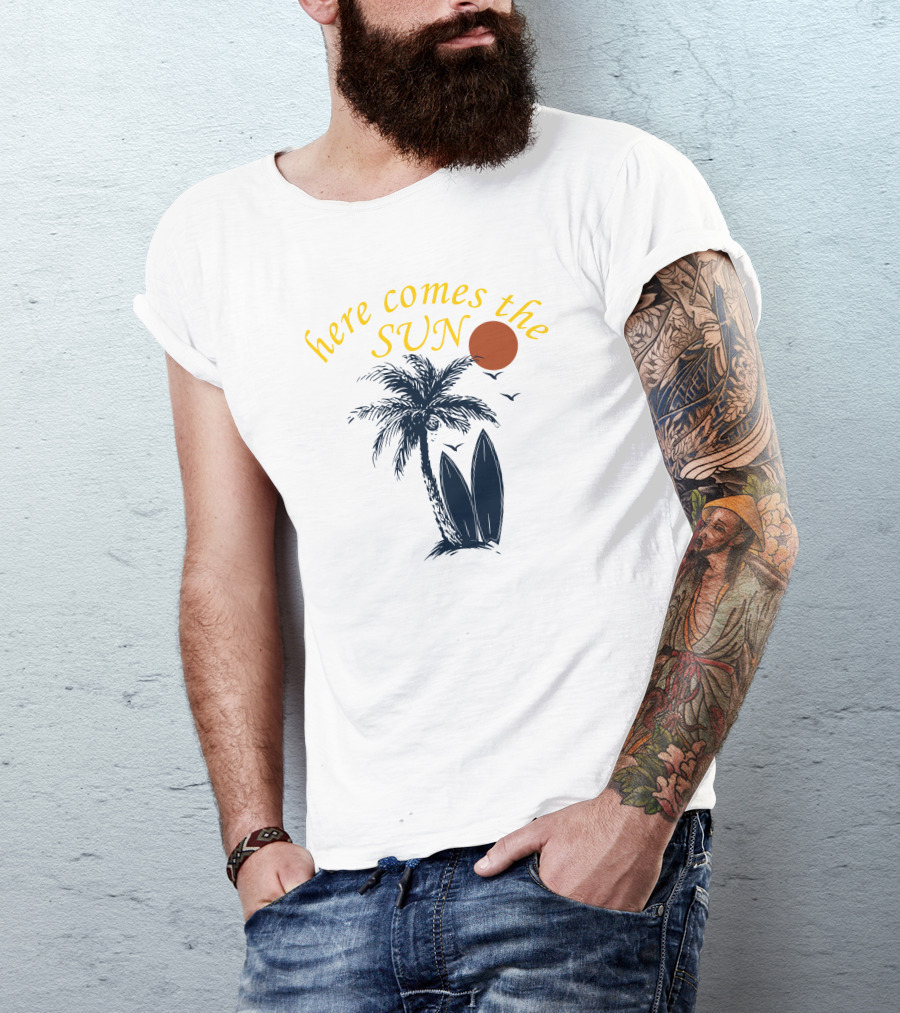 Here Comes The Sun Palm Tree Surfboard Sunset T-Shirt