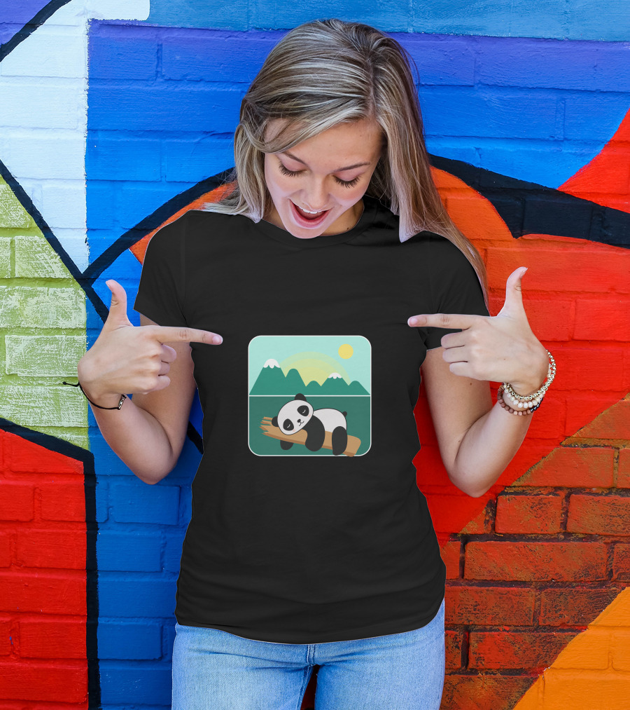 Kids Adorable Panda Relaxing On Bamboo With Mountain Background T-Shirt