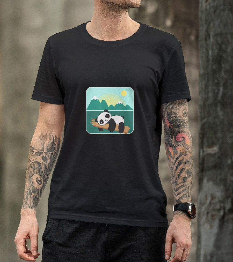 Kids Adorable Panda Relaxing On Bamboo With Mountain Background T-Shirt