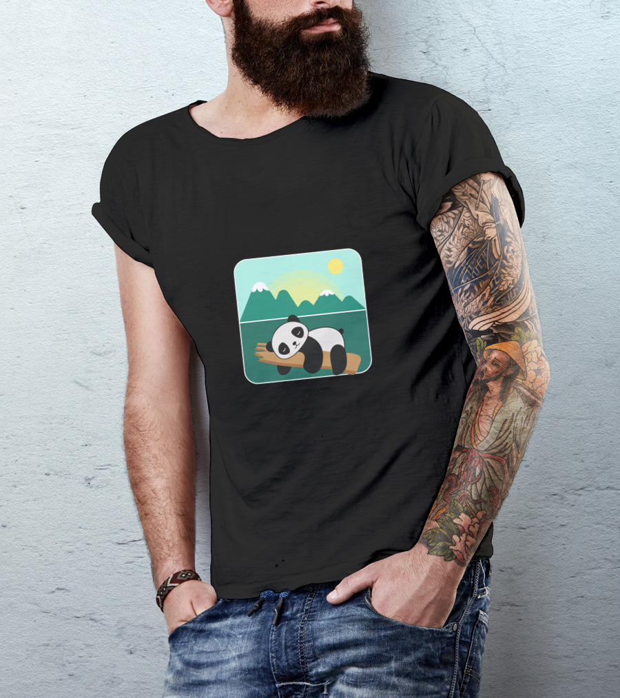 Kids Adorable Panda Relaxing On Bamboo With Mountain Background T-Shirt