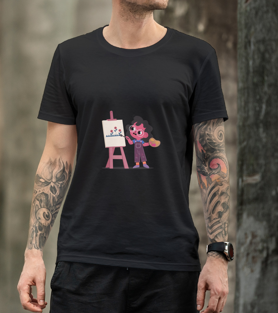 Child Painting On Easel With Palette And Flowers In Vibrant Colors T-Shirt