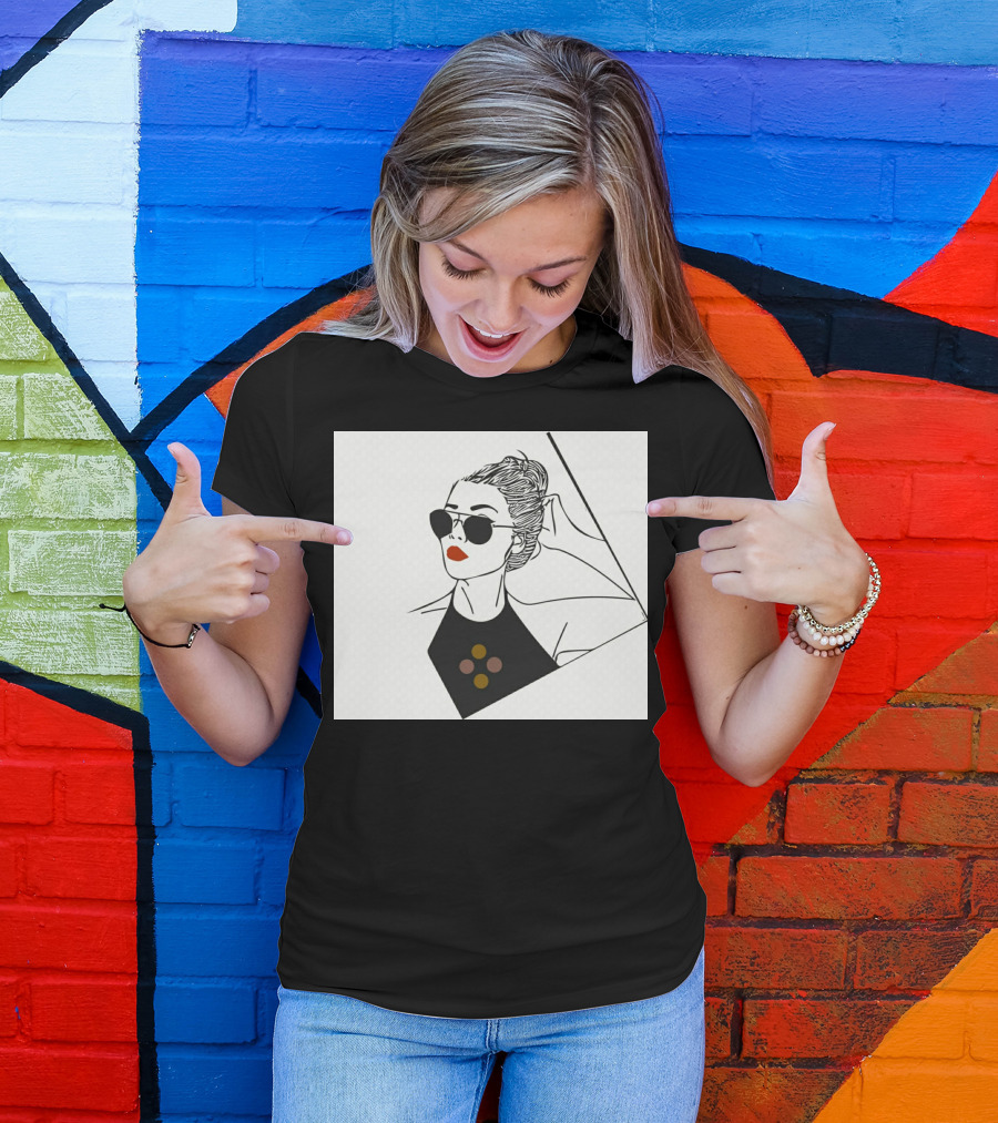 Lady In Black Anjali Fashion Illustration Sunglasses Red Lips T-Shirt