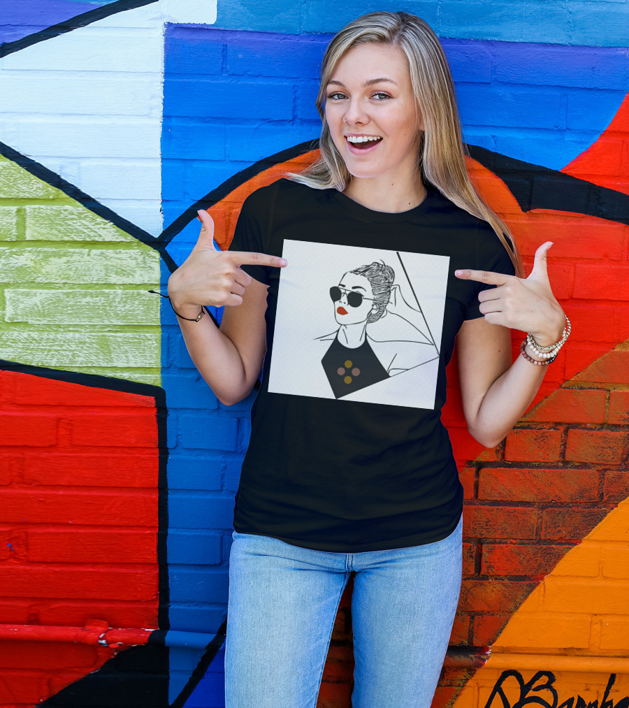 Lady In Black Anjali Fashion Illustration Sunglasses Red Lips T-Shirt