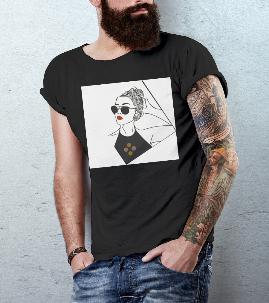 Lady In Black Anjali Fashion Illustration Sunglasses Red Lips T-Shirt