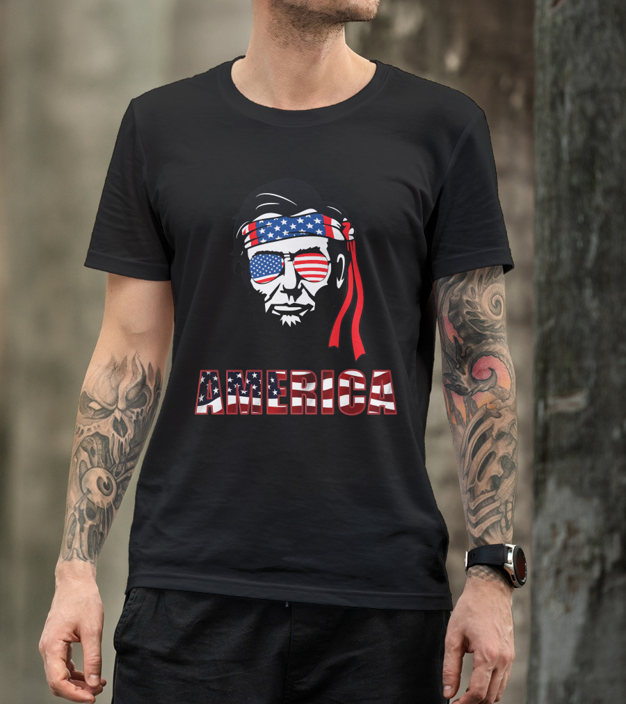 America Lincoln Patriotic Flag Bandana Sunglasses T-Shirt