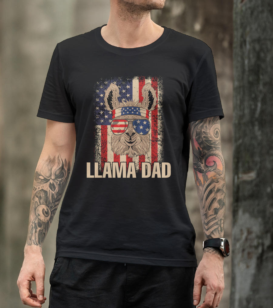 Llama Dad American Flag Patriotic 4th Of July T-Shirt