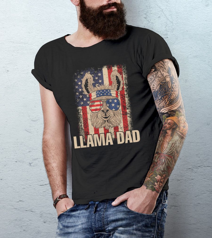 Llama Dad American Flag Patriotic 4th Of July T-Shirt