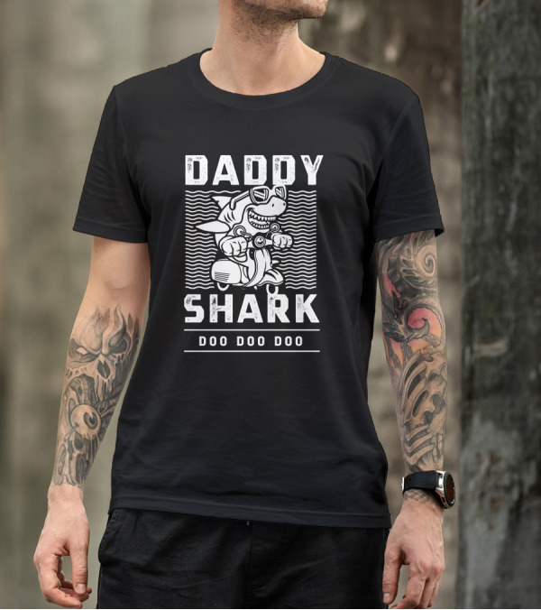 Daddy Shark Doo Doo Doo Man Riding Scooter Funny Dad T-Shirt
