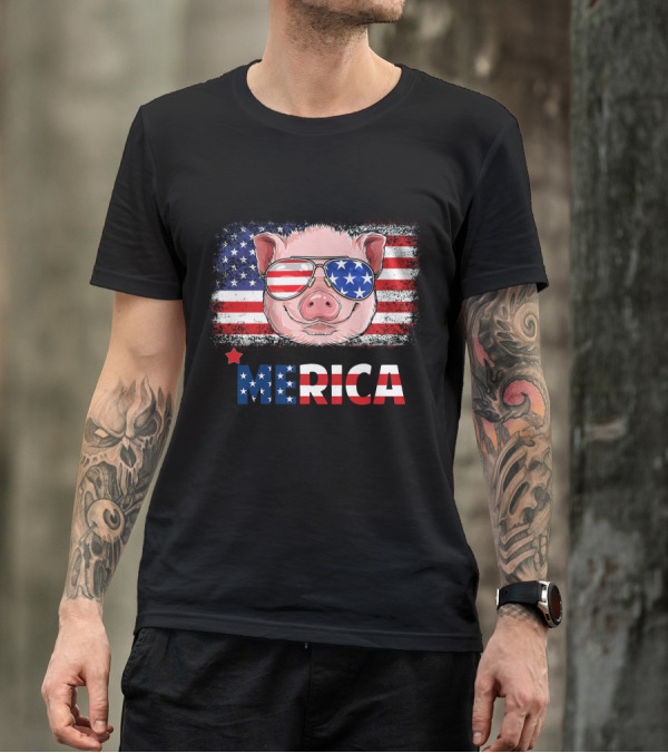 'Merica Pig With American Flag Sunglasses Patriotic 4th Of July T-Shirt