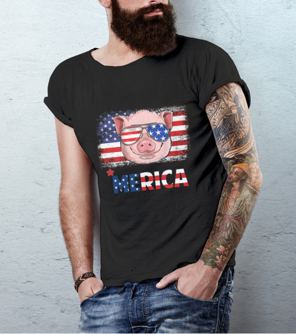 'Merica Pig With American Flag Sunglasses Patriotic 4th Of July T-Shirt