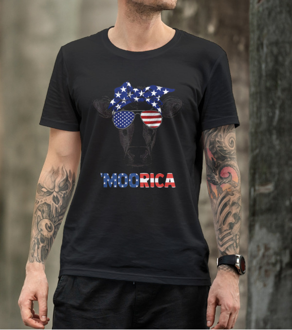 Moorica Cow With American Flag Glasses And Bandana Patriotic 4th Of July T-Shirt