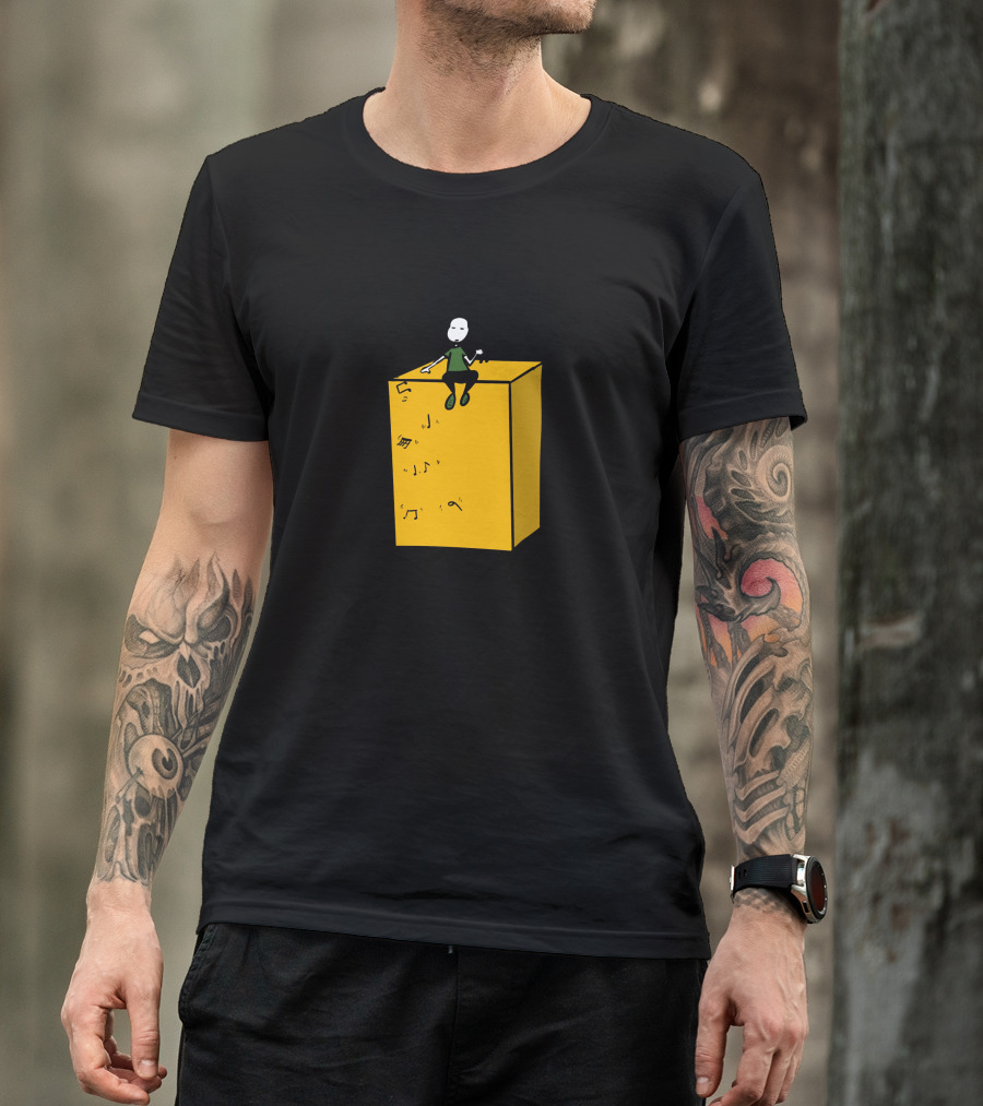 Musicians Stay Home Cartoon Character On Yellow Block With Music Notes T-Shirt