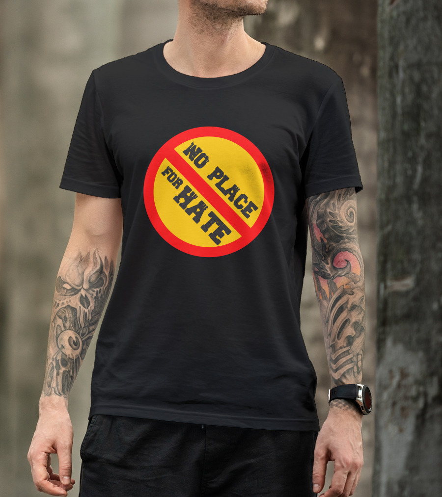 No Place For Hate Circle With Red Line Over Yellow Background T-Shirt