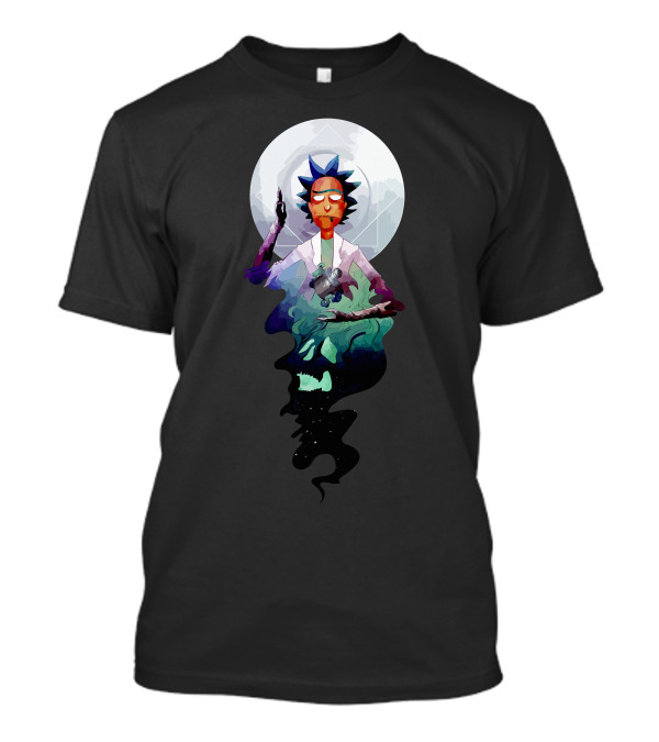 Rick Meditating In Cosmic Transcendence With Portal Gun And Moon Background T-Shirt