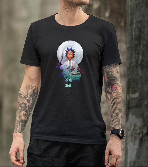 Rick Meditating In Cosmic Transcendence With Portal Gun And Moon Background T-Shirt