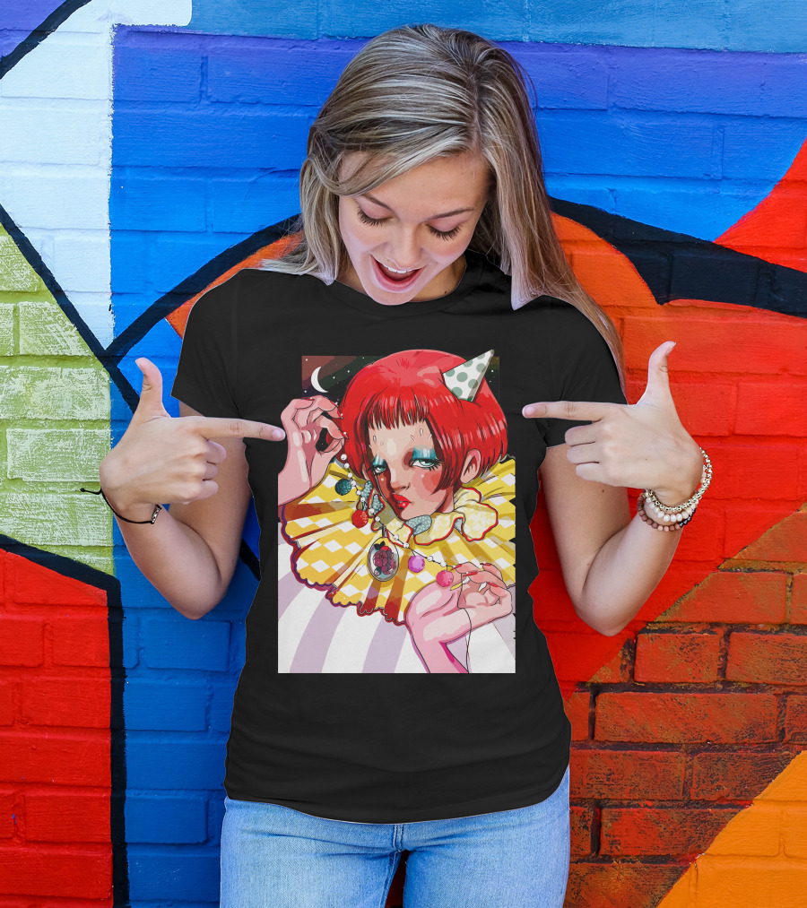 Pierrette Harlequin Clown Red Hair Polka Dot Hat Yellow Ruffled Collar T-Shirt
