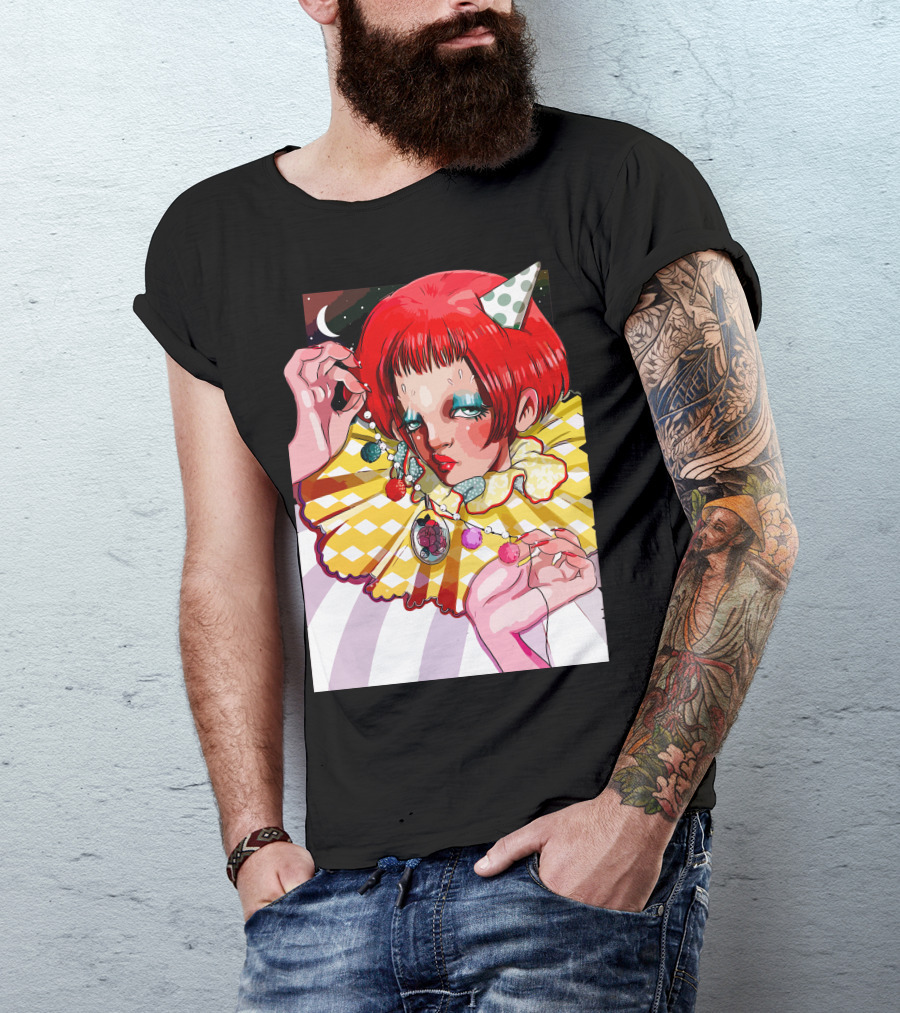 Pierrette Harlequin Clown Red Hair Polka Dot Hat Yellow Ruffled Collar T-Shirt