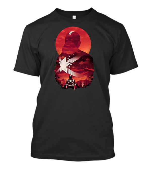 Red Guardian Shield Silhouette Against Crimson Sun T-Shirt