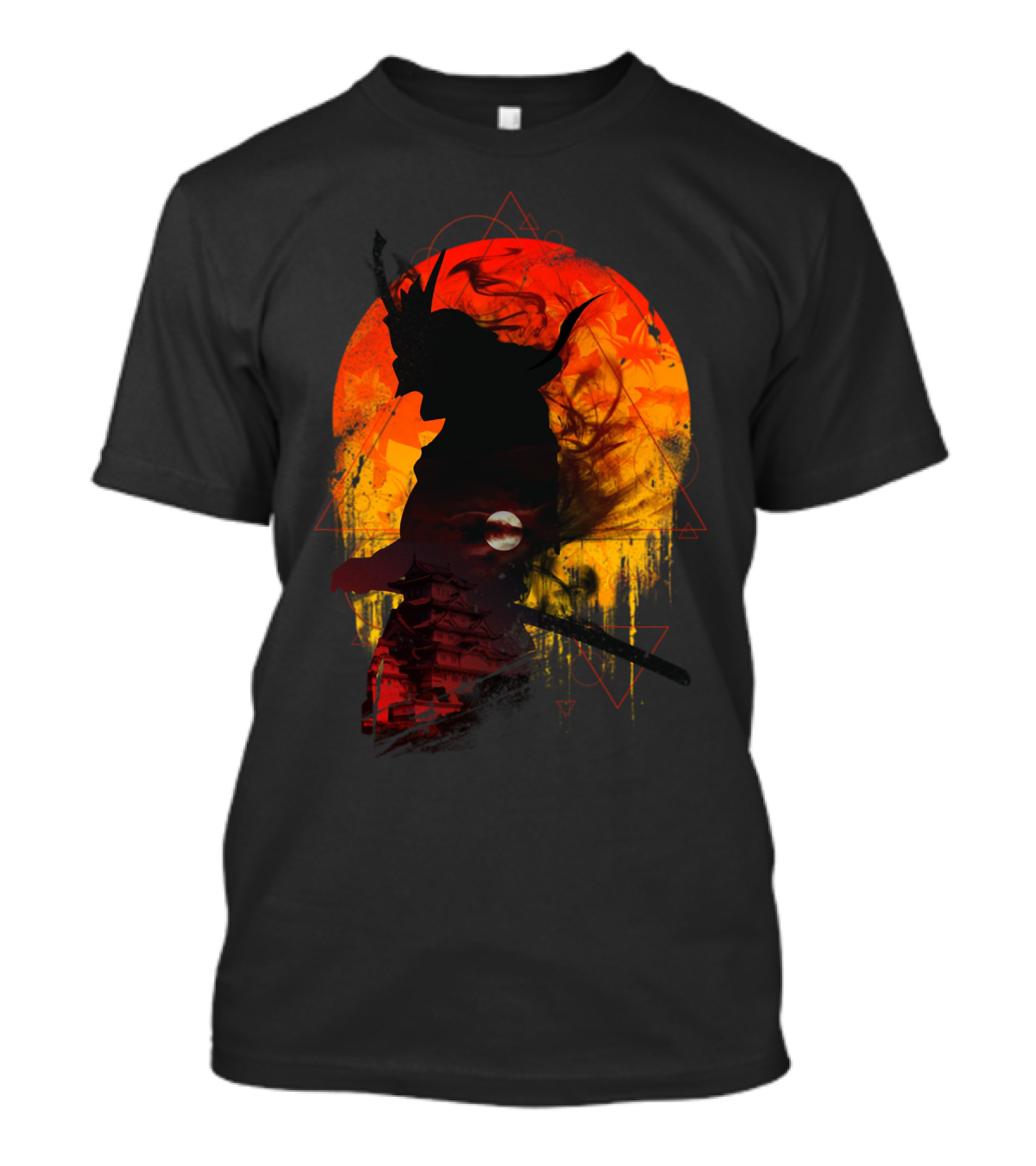 Samurai Warrior Silhouette Against Fiery Sunset Backdrop With Traditional Pagoda And Katana T-Shirt