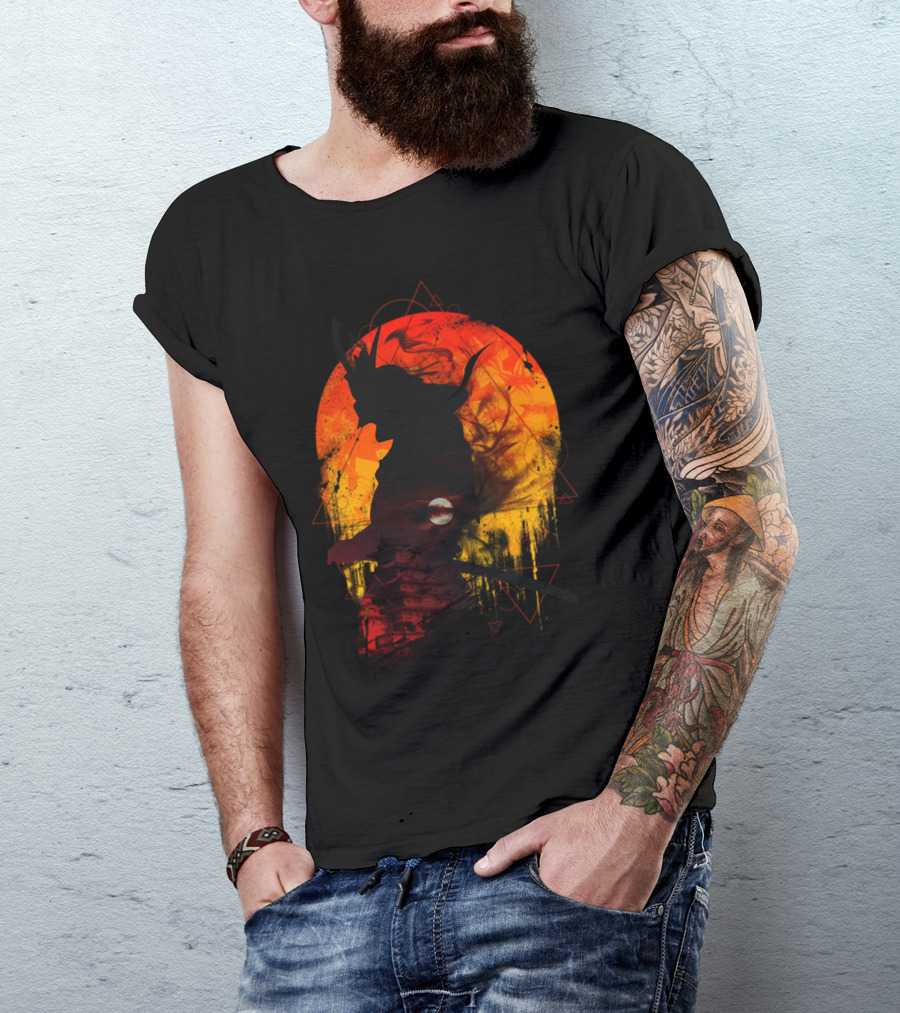 Samurai Warrior Silhouette Against Fiery Sunset Backdrop With Traditional Pagoda And Katana T-Shirt
