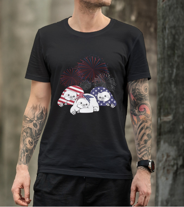 Patriotic Sloths In American Flag Colors With 4th Of July Fireworks T-Shirt