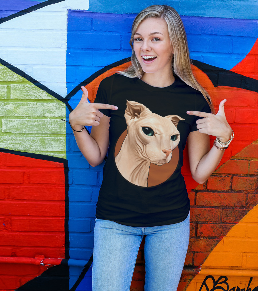 Sphynx Cat Portrait With Bold Orange Circle T-Shirt