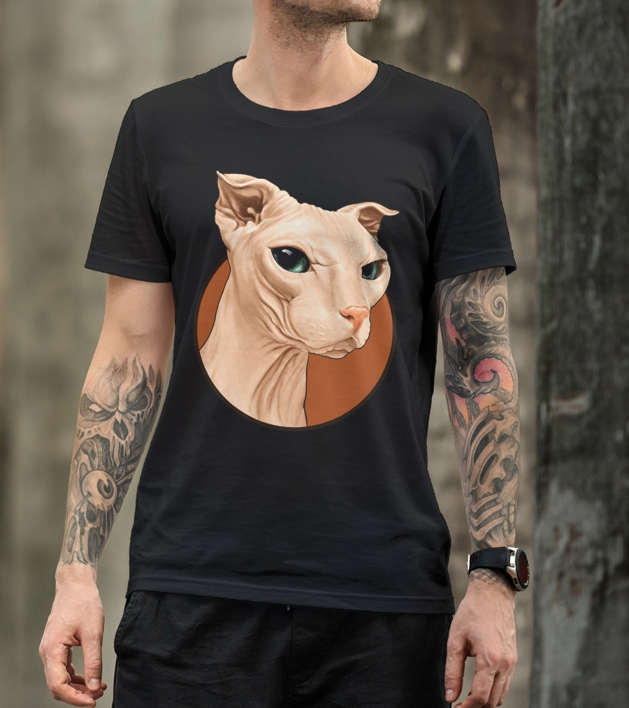 Sphynx Cat Portrait With Bold Orange Circle T-Shirt