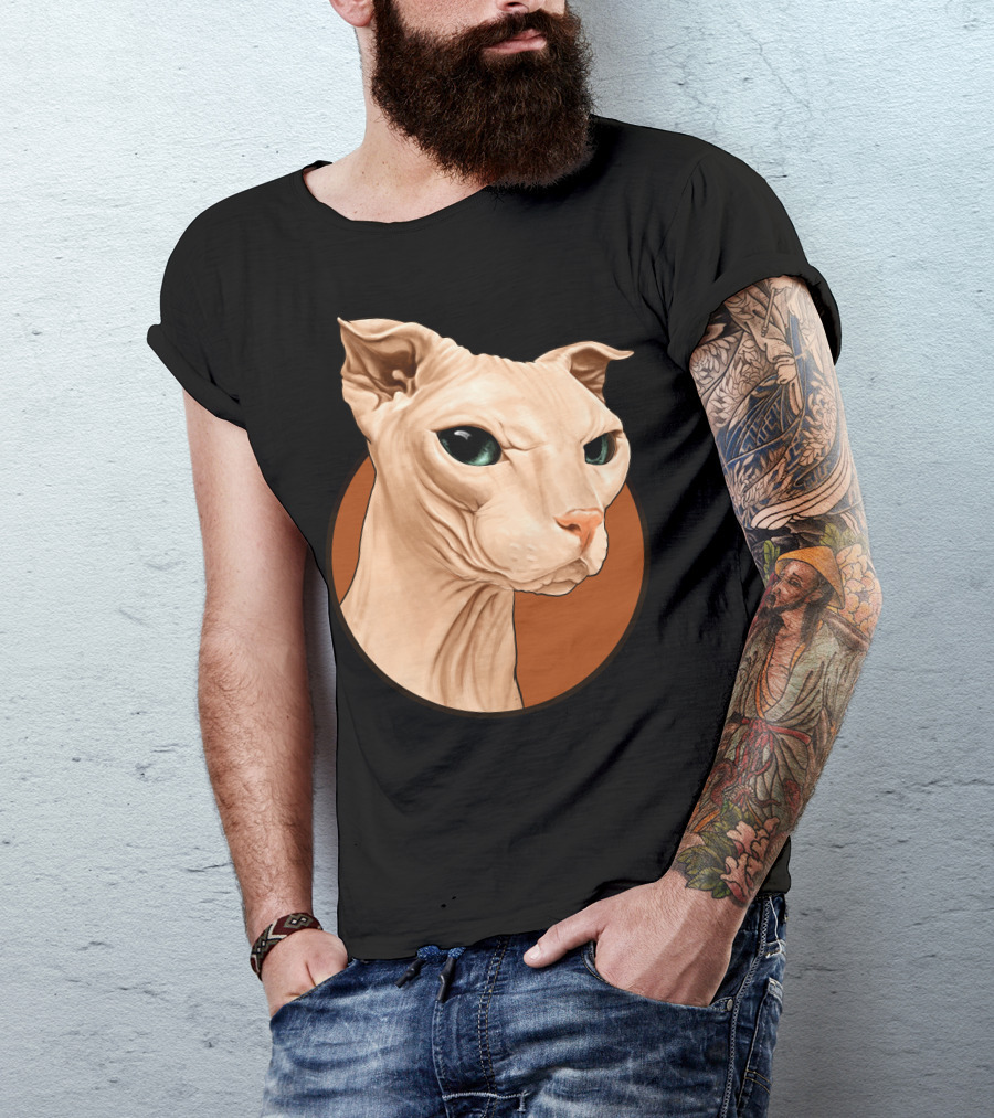 Sphynx Cat Portrait With Bold Orange Circle T-Shirt
