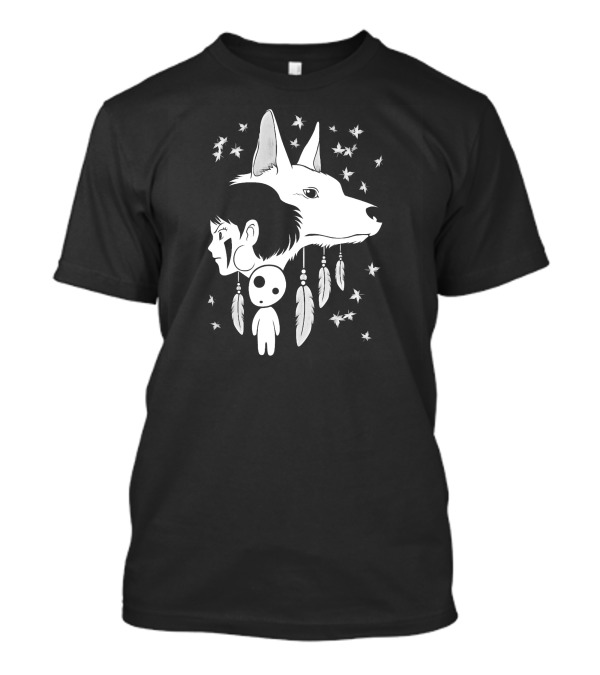 Princess Mononoke Spirited Away Crossover Design Kodama Wolf Feathers T-Shirt